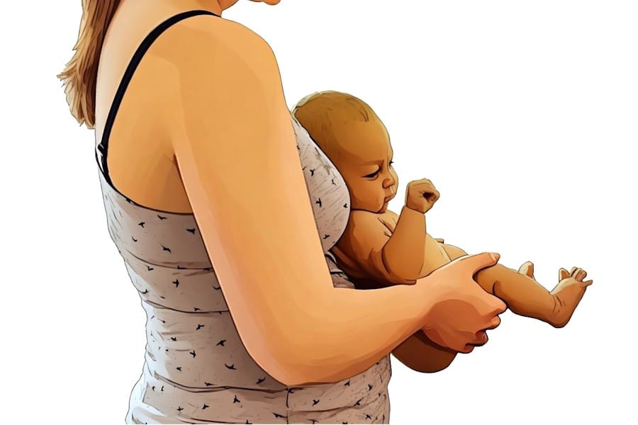 Mother holding her baby in a classic elimination communication hold