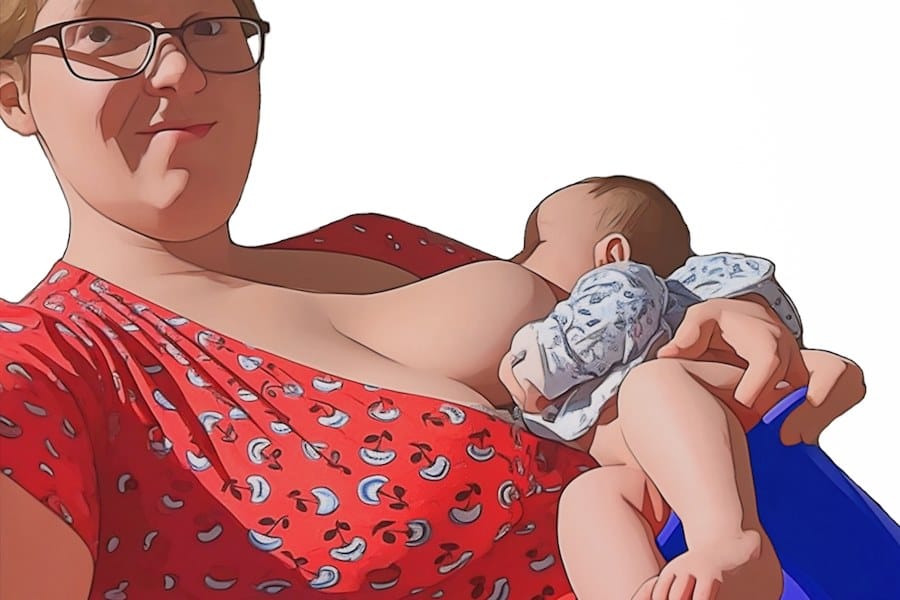 A mother using a tophat potty to do elimination communication with her baby during a feed