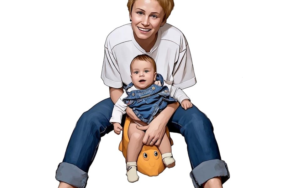 A mother helping her baby use the potty by supporting them from behind