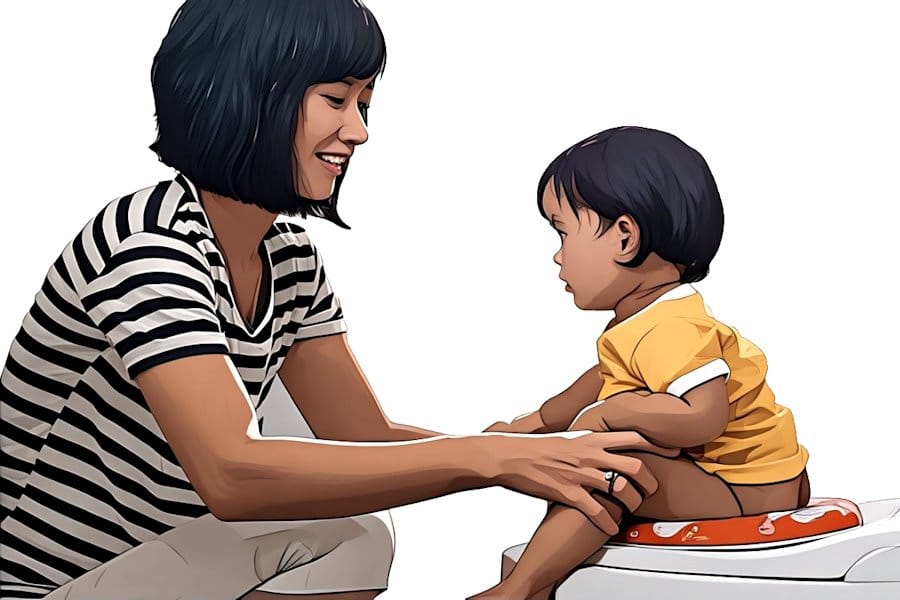 A baby sitting on a toilet with a reducer and support from their mother