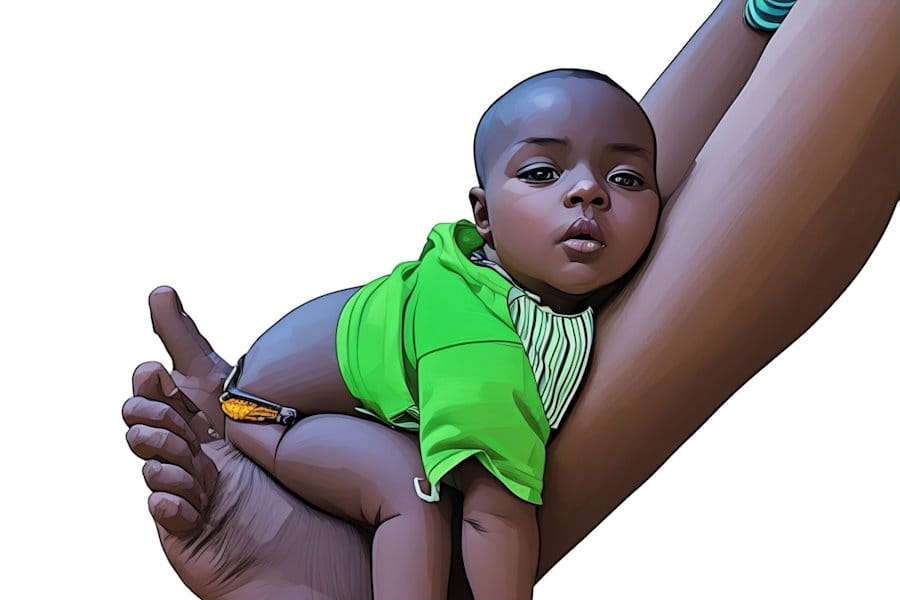 A baby sitting on a parents feet - a traditional elimination communication hold